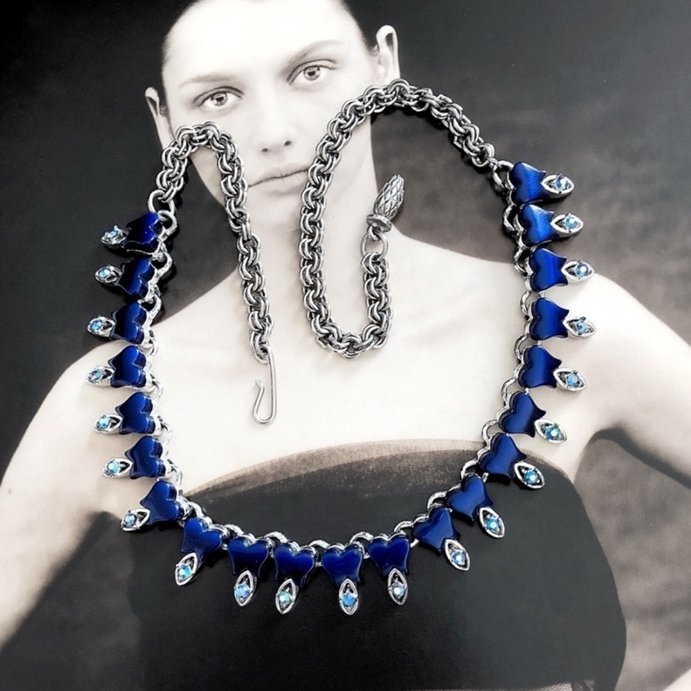 Vintage Silvertone Aurora Borealis And Blue Thermoset Necklace